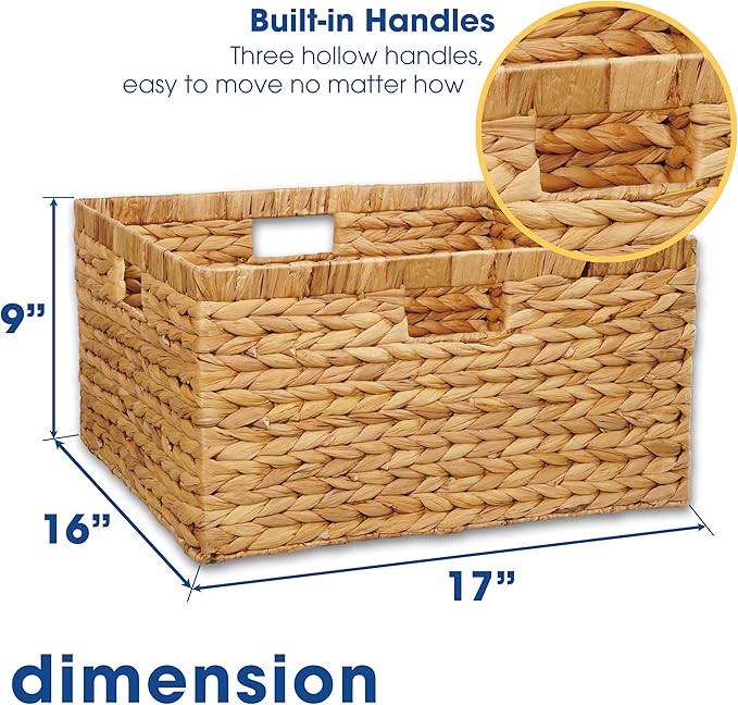 Large 17"x16"x9" (Set of 3) Water Hyacinth Woven Storage Basket – Handmade Natural Wicker Baskets Organizer Bin with Handles for Closet, Shelves, Laundry & Living Room (Natural (3 Pack))