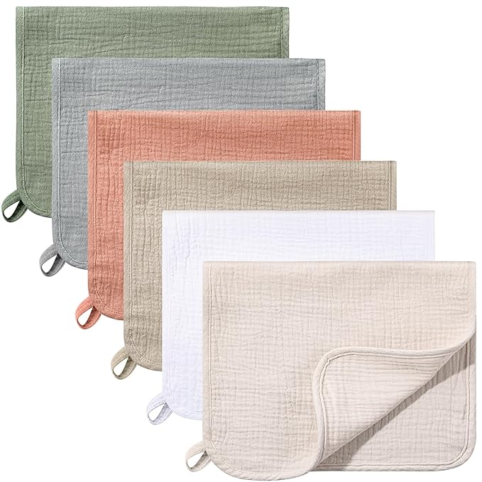 Hicarer 6 Count Muslin Burp Cloths Cotton Baby Burping Rags Large 20 x 10 Inch 6 Layers Spit up Rags Soft Absorbent Multicolor Wash Cloths Diapers for Newborn Baby Girl Boy(Mixed Colors Series)