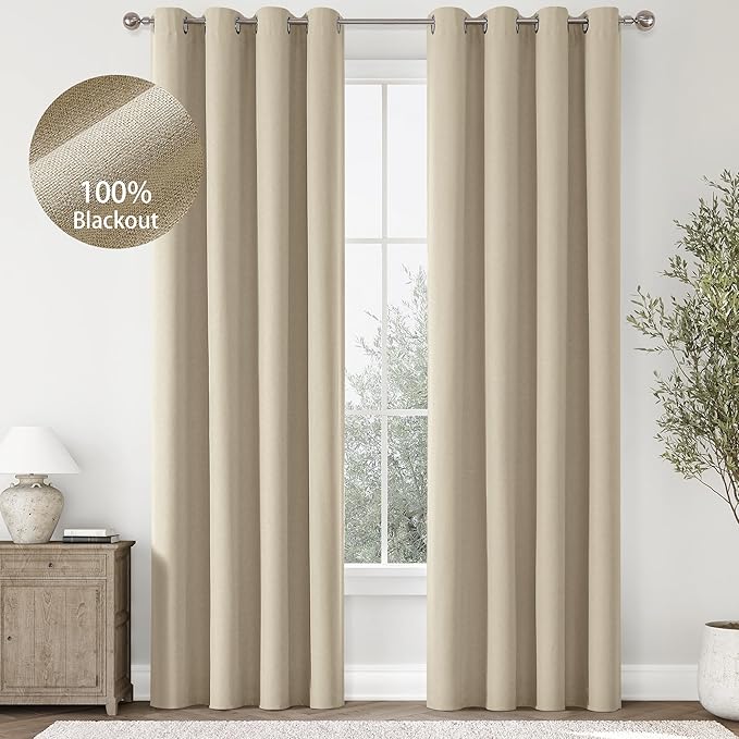 ChrisDowa 100% Blackout Linen Curtains, 2 Panels Set Thermal Insulated Room Darkening Curtains for Living Room, Privacy Grommet Window Drapes for Bedroom (Tan, 52 x 108 Inch)