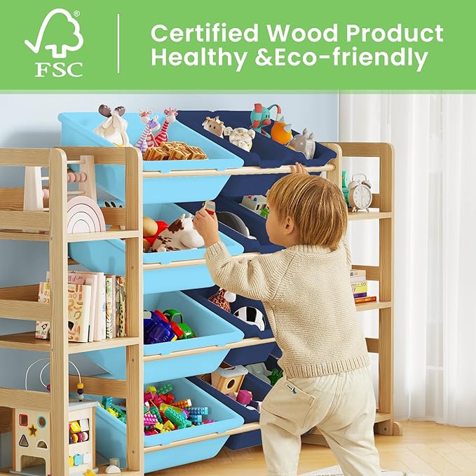 Extra Large Toy Storage - Toy Storage Organizer, Wooden Toy Organizer with 6 Side Shelves and 12 Bins, 3-in-1 Bookshelf for Kids Rooms, Playroom, Nursery, Blue