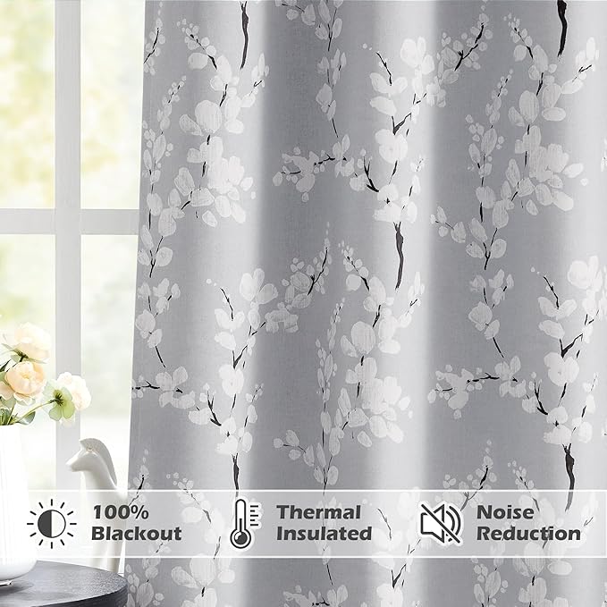 Fmfunctex Blue Valance Curtain, Blossom Blackout Window Valance Thermal Insulated Rod Pocket Floral Valance Curtains, 50'' Wx18'' L, Grey and White, 1 Panel