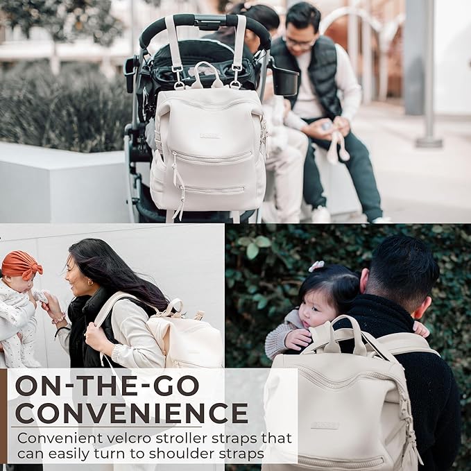 Neoprene Diaper Bag, Minimalist Backpack Diaper Bag with Pouch, Changing Pad, and Stroller Straps, Water Resistant and Lightweight Baby Girl Diaper Bag, Diaper Bag Backpack, Cream