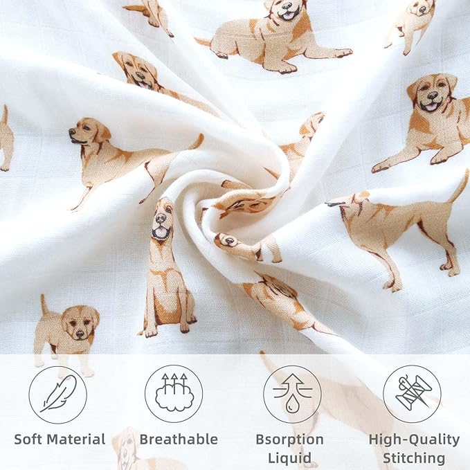 LifeTree Baby Swaddle Blankets Dog Pattern, Muslin Blankets Boys Girls Swaddling Wrap Receiving Blanket for Newborn, 70% Viscose from Bamboo and 30% Cotton, Large 47" x 47", Labrador
