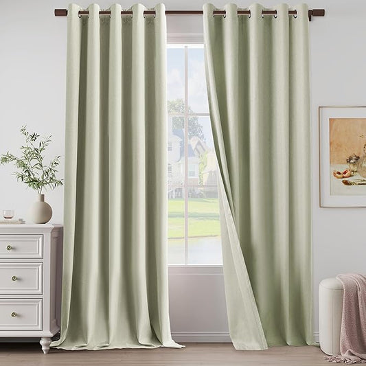 100% Blackout Linen Textured Curtains 108 Inch Length 2 Panels Set for Living Room, Bedroom, Light Weight Curtains with Grommets Top, Full Blackout Curtains Privacy Protection, Beige, 66" W x 108" L
