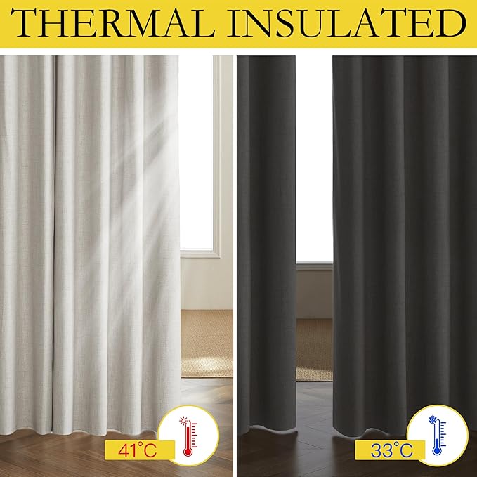 NICETOWN 100% Blackout Linen Curtains for Bedroom, Thick Insulated Rod Pocket & Back Tab Full Light Blocking Draperies with Gray Liner for Night Shift Workers (Set of 2, 52 by 78-inch, Snowbound)