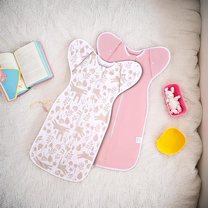 Baby Transitional Swaddle Sleep Sack - Newborn Swaddle Transition Bag with Removable Cuffs Arms Up Design, Free Wearable Blankets, Pink & Rabbit (3-6 Month)