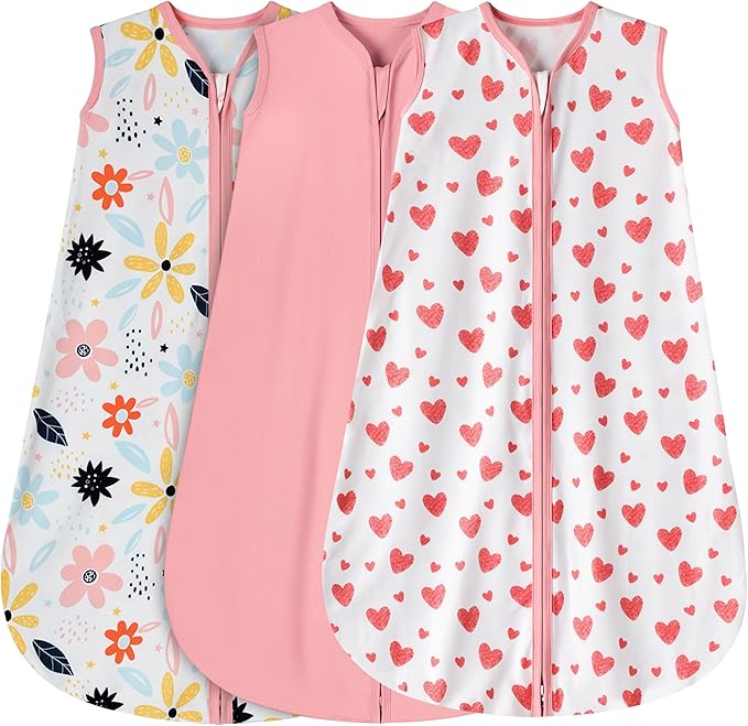 BSTOPPT 3 Pack Baby Sleep Sack 12-18 Months 100% Rayon Cotton Baby Sleeping Bag 2-Way Zipper Toddler Wearable Blankets Comfy Stretchy Lightweight TOG 0.3 （Heart&Pink&Floral）