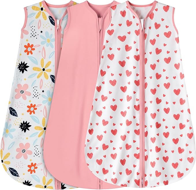 BSTOPPT 3 Pack Baby Sleep Sack 0-6 Months 100% Rayon Cotton Baby Sleeping Bag 2-Way Zipper Toddler Wearable Blankets Comfy Stretchy Lightweight TOG 0.3 （Heart&Pink&Floral）