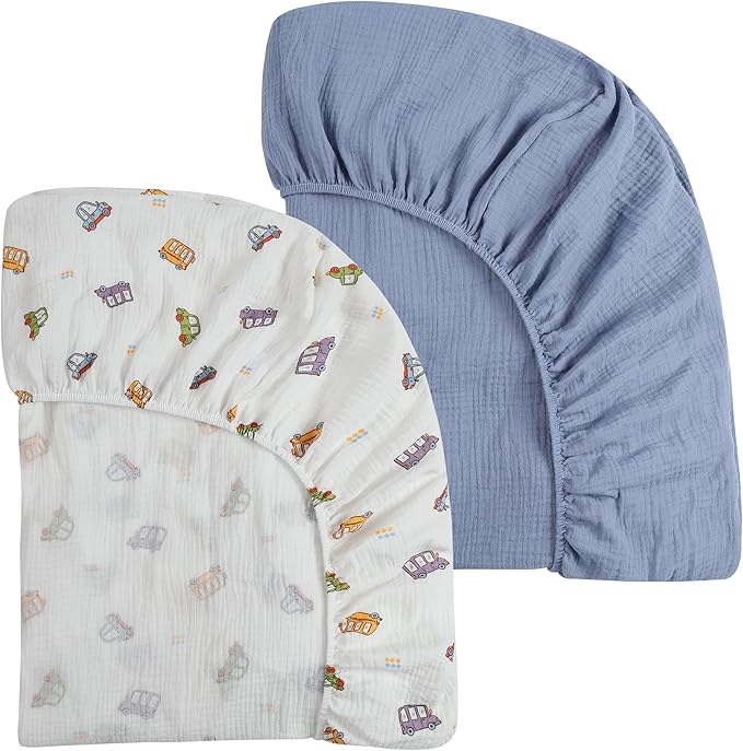 Onacosht Muslin Crib Sheets for Boys Girls, Soft Breathable 100% Cotton Baby Fitted Sheet 52" x 28" for Standard Toddler Crib Mattress, 2 Pack, Car and Solid Blue