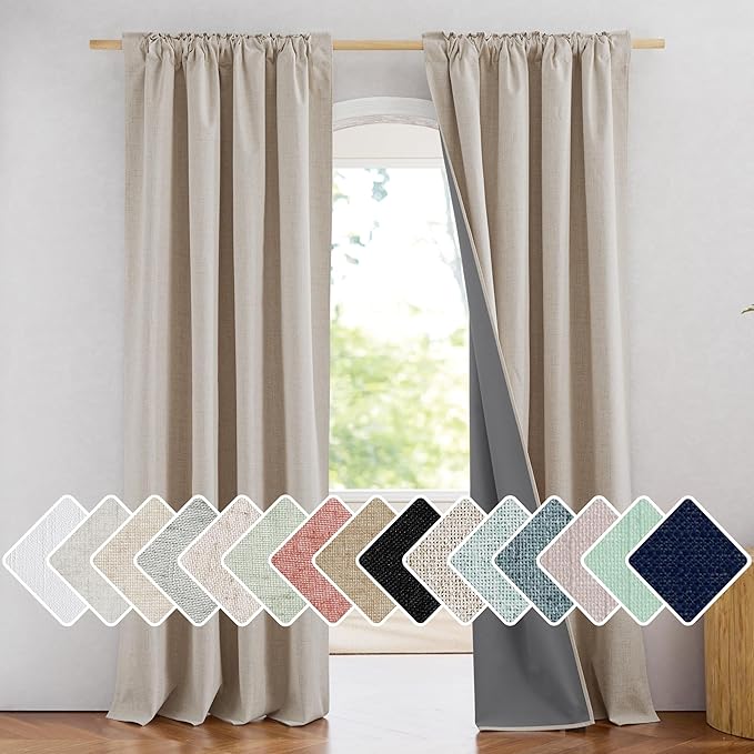 NICETOWN Rod Pocket Full Blackout Natural Linen Curtains 108" Length with Thermal Insulated Liners for Living Room, Farmhouse Style Keep Cool & Warm Large Window Drapes for Hall (2 Panels, 52" Wide)