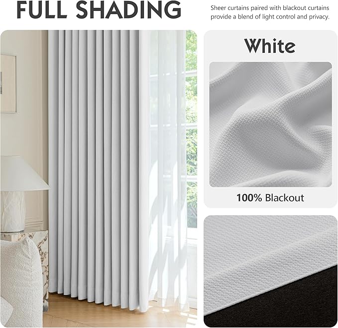 FMFUNCTEX 100% Blackout Curtains for Bedroom, White Back Tab Curtain 96 Inches Long Drapery Thermal Insulated Curtains for Living Room, Black Out Drapes Rod Pocket Room Darkening 2 Panels