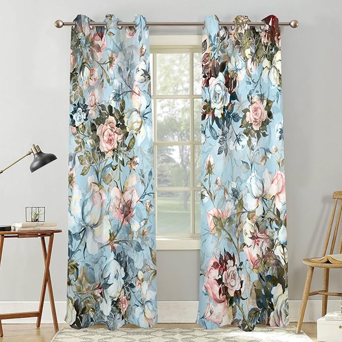Renaiss Blue Floral Blackout Curtains, Flowers Printed Window Curtains for Bedroom Thermal Insulated Energy Saving Curtain Panels Vintage French Style Grommet Window Drapes for Living Room 42W x 63L