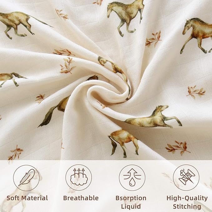 LifeTree Baby Swaddle Blankets, Muslin Swaddle Blankets Boys Girls Swaddling Wrap Receiving Blanket for Newborn, 70% Viscose Bamboo and 30% Cotton, Large 47" x 47", Horse Pattern
