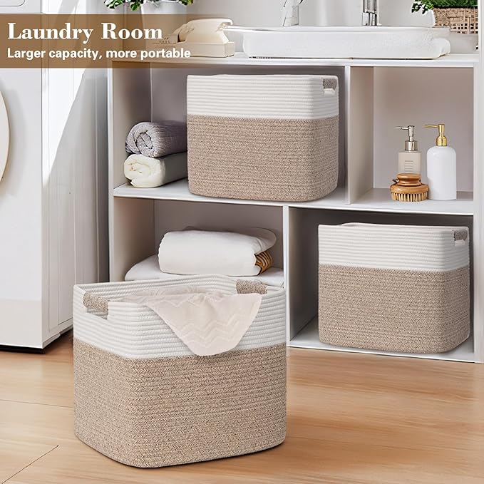 15×13 Inch Storage Cubes, 3 Pack Cube Storage Bins for Organizing, Cotton Rope Woven Baskets for Shelves, Bathroom, Kids Room, Closets, Baby Nursery
