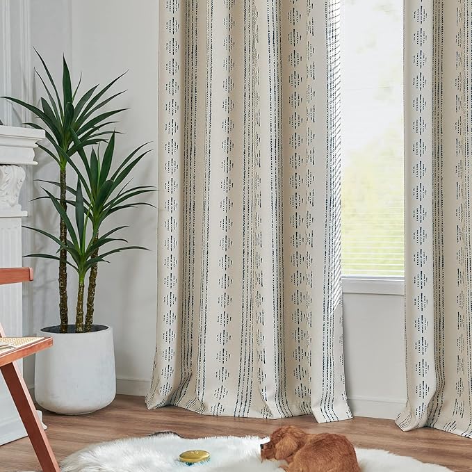 jinchan 95% Blackout Boho Curtains 108 Inches Long for Bedroom Blue on Beige Geometric Printed Grommet Top Room Darkening Thermal Insulated Window Drapes 2 Panels