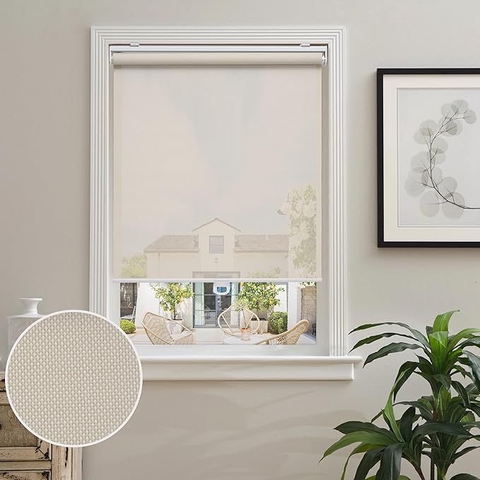 AOSKY Cordless Roller Shades for Windows Light Filtering Shades with 5% Openness Solar Screen Semi Sheer Roller Blinds UV Protection for Office and Home. Easy to Install 43" W x 72" H (Beige)