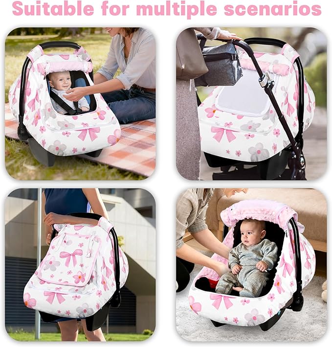 Hooyax Baby Car Seat Cover with Dual Zipper, Extra Large Mesh Window Carseat Canopy, All-Season Weather Protection for Infant Car Seats & Strollers (Pink Bow)