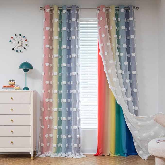 MYSKY HOME Nursery Curtains for Girl Bedroom Rainbow Curtains 72 Inches Long Pom Pom White Sheer Curtains for Kids Room Double Layer Toddler Bedroom Grommet Room Darkening Window Panels 52 x 72 in