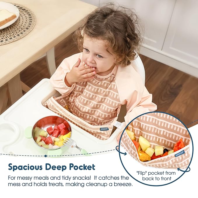 GRSSDER 2 Pack Long Sleeve Baby Feeding Bibs, Super Soft Lightweight Waterproof Coverall Baby Led Weaning Bib with Large Food Catcher Pocket, Adjustable and Easy Clean for 6-30 Months