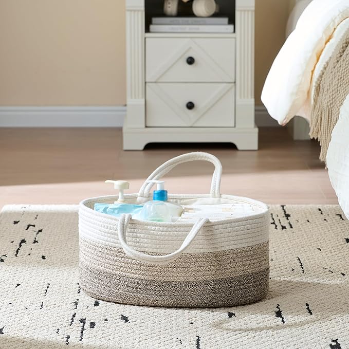 luxury little Diaper Caddy Organizer, Large Cotton Rope Nursery Baby Basket, Changing Table Organizer for Baby Diaper Storage, Portable Car Organizer Removable Divider (Gradient Brown, Extra Large)