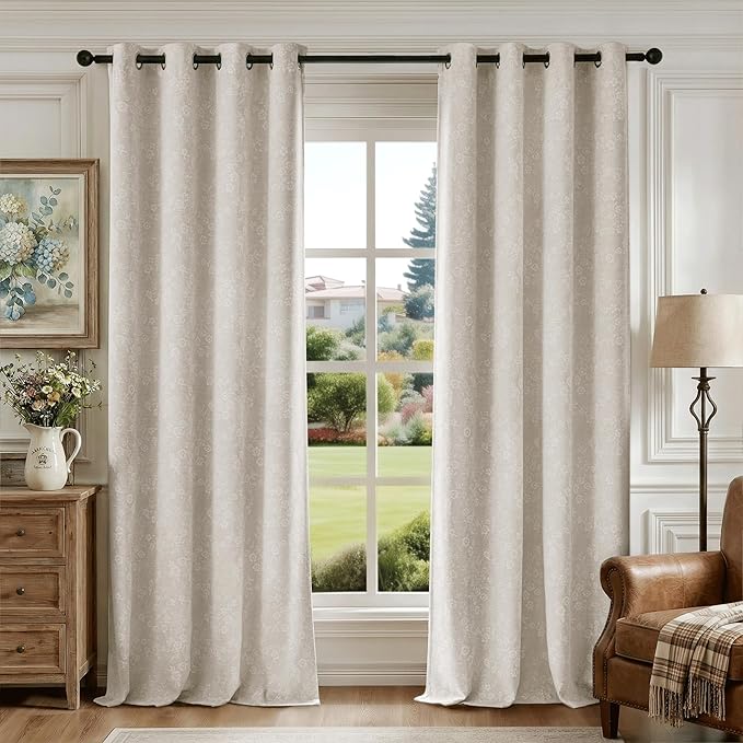 Beauoop Cream Floral Jacquard Blackout Curtains 63 Inches Long 2 Panels for Living Room Bedroom Chenille Flower Room Darkening Thermal Insulated Soundproof Grommet Window Drapes, 52x63 Set of 2