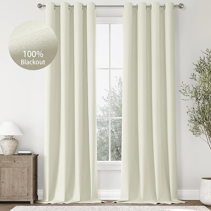 ChrisDowa 100% Blackout Ivory Solid Curtains 108 Inches Long 2 Panels for Bedroom Living Room,Farmhouse Room Darkening Thermal Insulated Soundproof Grommet Top Window Treatment Drapes,52x108