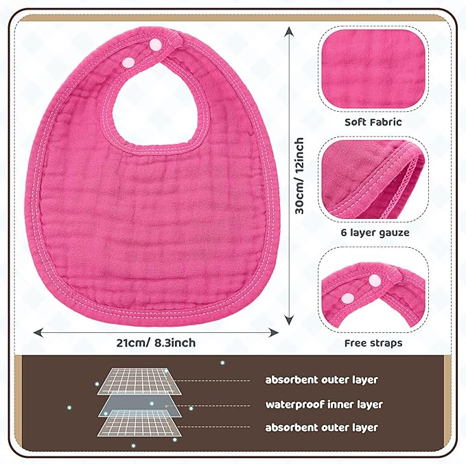 Frienda 8 Pcs Muslin Baby Bibs Cotton Bandana Drool Bibs Bulk for Newborn Infant 6 Absorbent Layers Feeding Accessory
