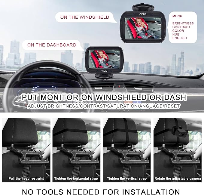 YIMU HD720P Rear Seat Baby Car Camera for Backseat, Car Headrest Quick-Install Monitor, Night Vision, 360° Rotatable car Camera for Baby with 4.3 inch car Baby Monitor (KB41)