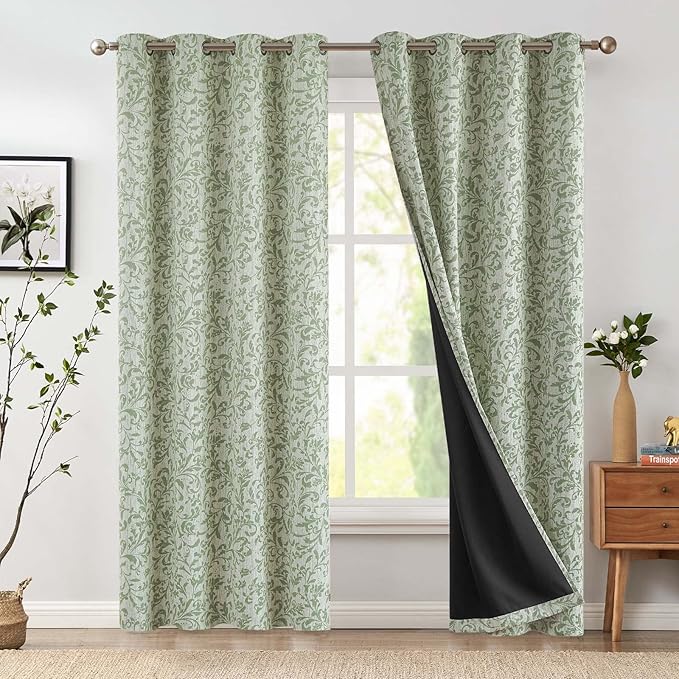 jinchan Blackout Curtains for Bedroom 84 Inches Long Green Scroll Floral Window Curtains for Living Room Farmhouse Vintage Drapes Thermal Insulated Grommet Window Treatments 2 Panels