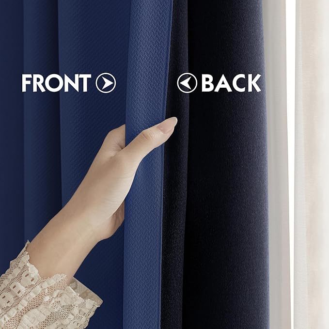 FMFUNCTEX 100% Blackout Curtains for Bedroom, Navy Blue Curtains 63 Inch Length Textured Thermal Insulated Curtains for Living Room Drapes, Black Out Drapery Grommet Room Darkening 2 Panels