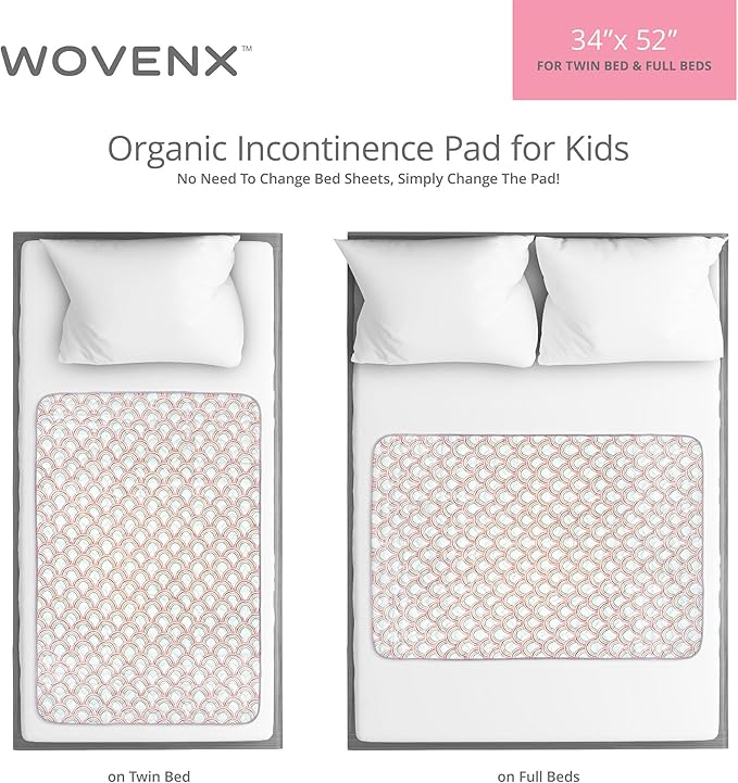 WOVENX Organic Incontinence Pads for Kids & Toddlers - 5 Layer Waterproof Protectors for Overnight Bed Wetting - Reusable & Washable Pee Pads - Fits Twin to Full Size Beds - 34" x 52" Rainbow