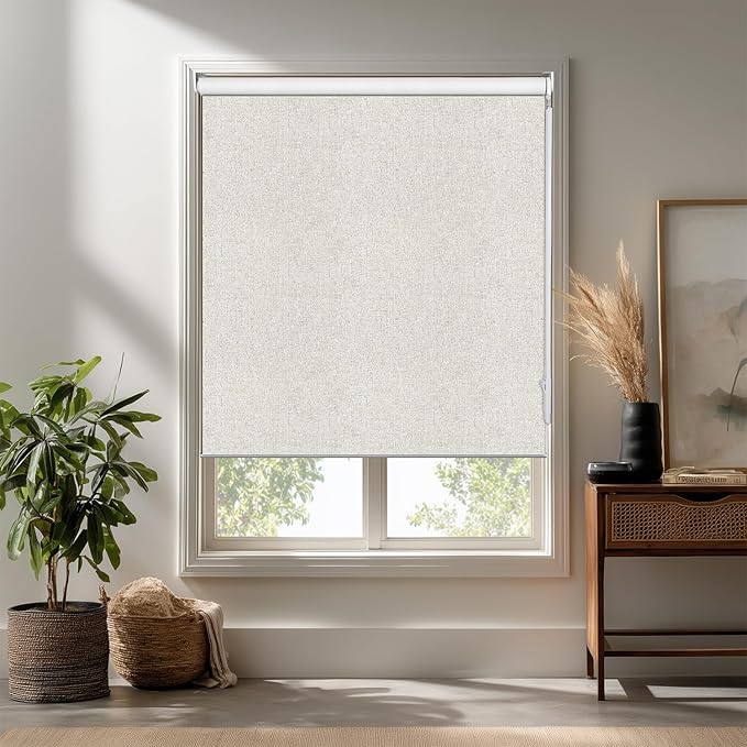 Allbright Linen Roller Shades with Wand Rod, Cordless Fabric Roller Blinds with Thermal Insulated, 100% Blackout Window Shades for Home, Office, Bedroom, Beige, 55" W x 72" H