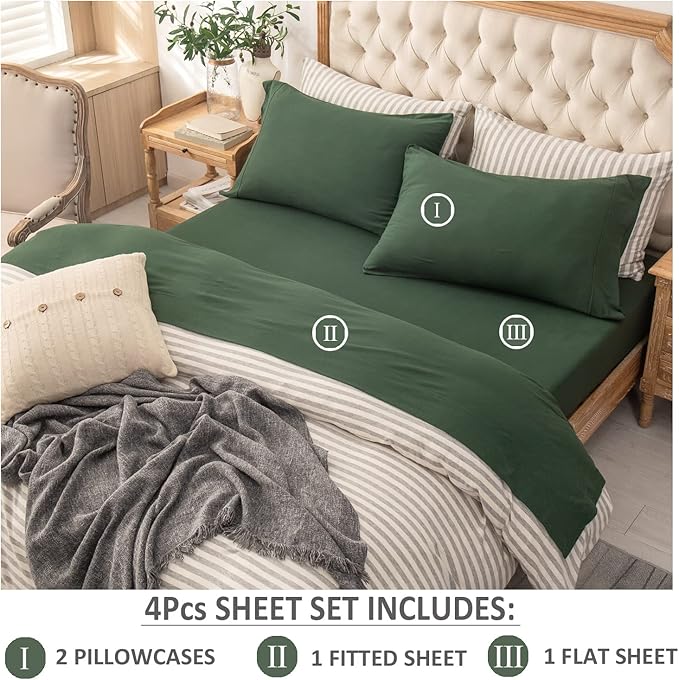 PURE ERA Jersey Knit 4pc Bed Sheet Set 100% T-Shirt Cotton Super Soft Comfy Breathable Fits Mattress Up to 20" Extra Deep Pocket (Solid Forest Green, Queen)