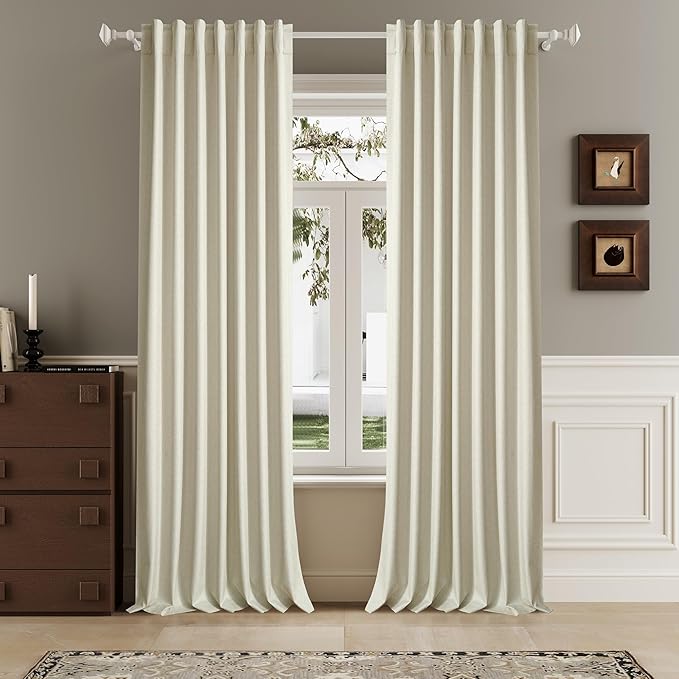 Cream Beige Linen Full Blackout Curtains 108 Inch Length 2 Panels Set for Living Opaque Privacy Back Tab Thermal Insulated 100% Black Out Room Darkening 9ft Window Curtain Drapes 108 Inches Long
