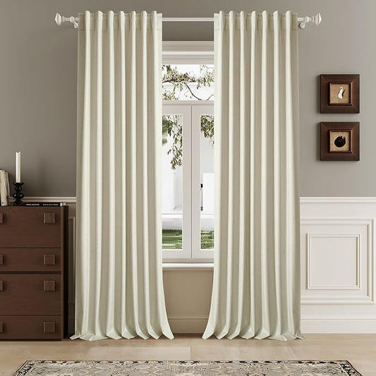Cream Beige Linen Full Blackout Curtains 108 Inch Length 2 Panels Set for Living Opaque Privacy Back Tab Thermal Insulated 100% Black Out Room Darkening 9ft Window Curtain Drapes 108 Inches Long