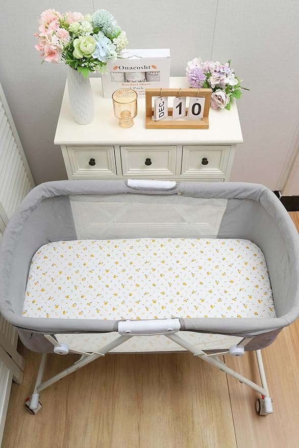 Onacosht Muslin Bassinet Sheets 3 Pack, 100% Cotton Baby Fitted Sheet 33" X 17" for Standard Rectangle Round Oval and Hourglass Bassinet Mattress, Leaf and Floral Beige