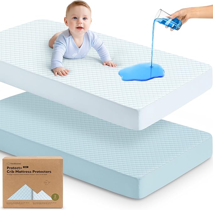 2-Pack Waterproof Crib Mattress Protector Cover Fitted - Quiet Baby Crib Mattress Pad Sheets, 52" x 28" Soft Quilted Cotton Baby Sheet, Machine Washable, Easy Fit, Durable (Glacier/Quin)