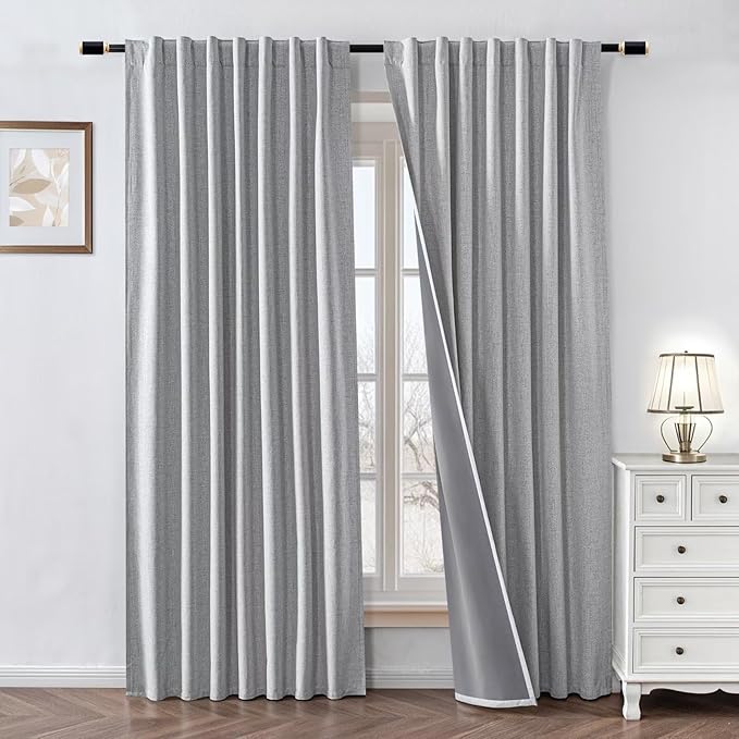 100% Blackout Curtains 84 inch Length 2 Panels Faux Linen Long Drapes for Bedroom Living Room Black Out Room Darkening Curtain Thermal Insulated Back Tab Rod Pocket(W37 x L84, Greyish White)