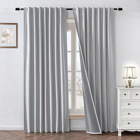 100% Blackout Curtains 84 inch Length 2 Panels Faux Linen Long Drapes for Bedroom Living Room Black Out Room Darkening Curtain Thermal Insulated Back Tab Rod Pocket(W37 x L84, Greyish White)