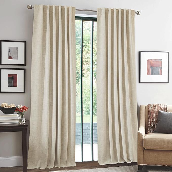 RYB HOME 100% Blackout Linen Textured Curtains 96 inches Long, Thermal Insulating Privacy Energy Saving for Bedroom Living Room Window Office Theater Dining Nursery, W 52 x L 96 in, Linen, 2 Panels