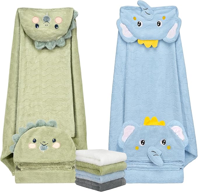 6 PCS Toddler Bath Towel Set for Boy Girl 0-5 Year, 2 PCS Thick Absorbent Hooded Baby Bath Towels Large 55" x 27.5" & 4 PCS Washcloths, Ultra Soft Gift for Infant, Toddler, Kids, Dinosaur & Elephant