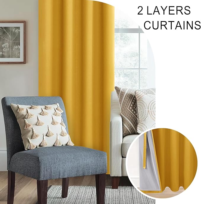 XWZO 100% Blackout Curtain Panels - Extra Long Thermal Insulated Black Liner Curtains, Noise Reducing and Heat Blocking Drapes for Bedroom with Tiebacks, Yellow, W52 x L108, Set of 2