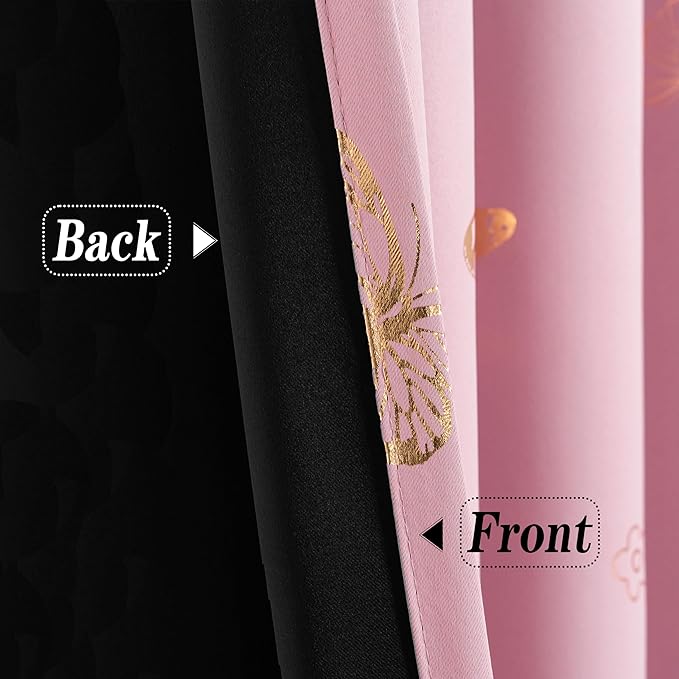 Jubilantex Butterfly Print Blackout Curtains Thermal Insulated Window Treatments for Bedroom Kids Bedroom Nursery Elegant Luxurious Room Darkening Draps Grommet Top，Pink 52" Wx63 Lx2