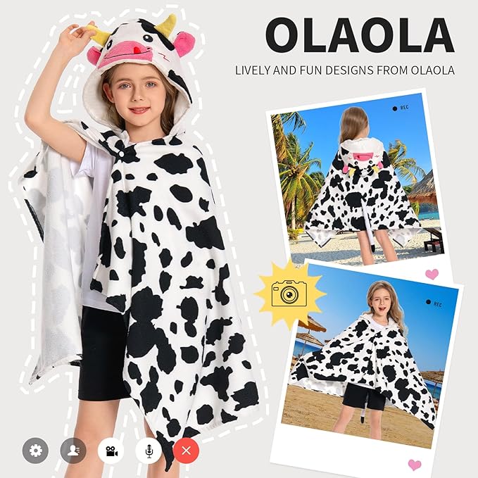 OLAOLA Cow Hooded Towel for Kids 3-12 Years, 28" x 53" Soft Thick Absorbent Beach Towels, Toddler Bath Towel Wrap Swim Pool Towels Poncho for Boys Girls