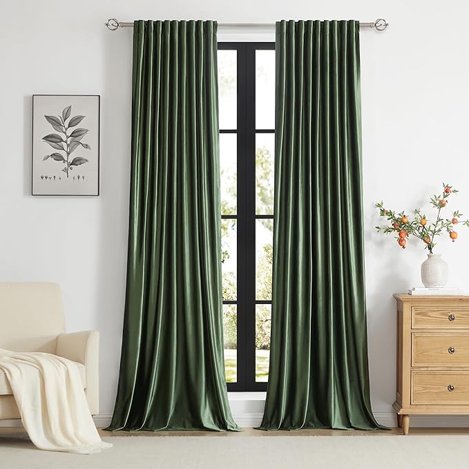 100% Full Blackout Olive Green Velvet Curtains 96 inch Long for Living Room,Set of 2 Liner Rod Pocket Back Tab Thermal Window Curtains Room Darkening Heavy Decorative Curtains Drapes for Bedroom