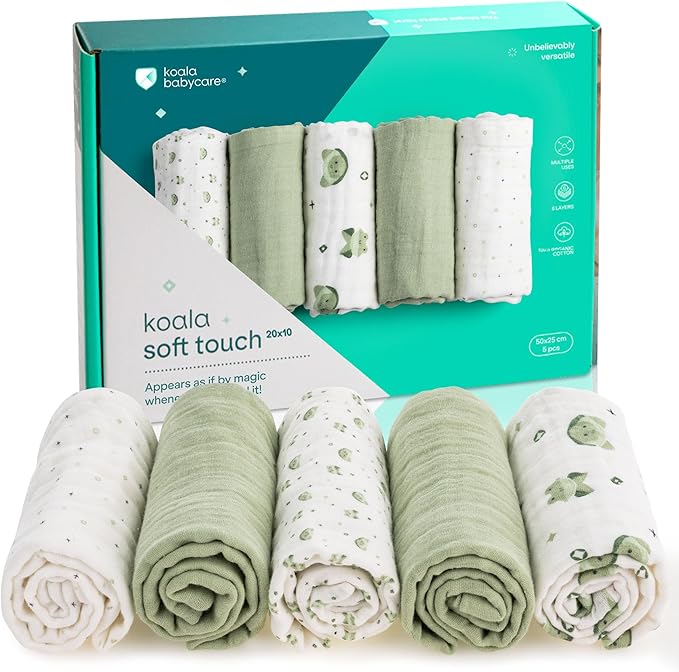 Koala Babycare 5 Pack 20"x10" Muslin Burp Cloths for Baby Boys and Girls - GOTS & Oeko-TEX Cotton Burp Rags for Newborns - Absorbent Neutral Burping Cloths for Feeding - Washable Baby Bibs Essentials