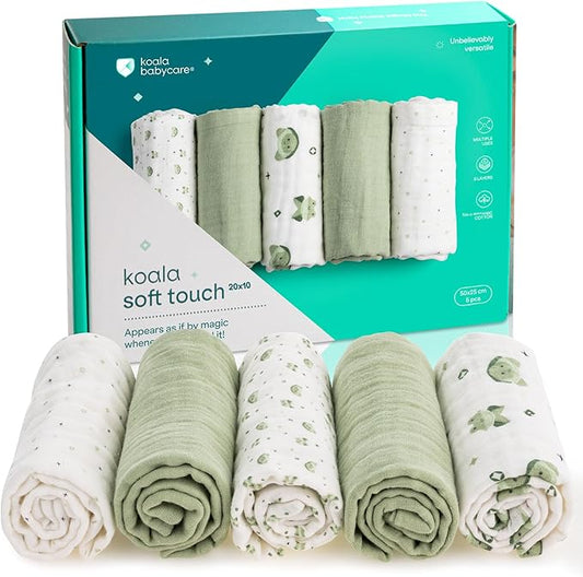 Koala Babycare 5 Pack 20"x10" Muslin Burp Cloths for Baby Boys and Girls - GOTS & Oeko-TEX Cotton Burp Rags for Newborns - Absorbent Neutral Burping Cloths for Feeding - Washable Baby Bibs Essentials