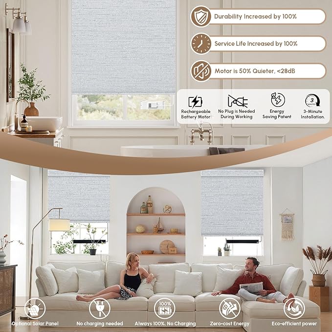 Kincmo No Drill Motorized Blinds with Remote, 100% Blackout Roller Shades for Windows, Custom Electric Blinds Compatible with Alexa, Apple Homekit, Google Home (100% Blackout Elegant Light Grey)