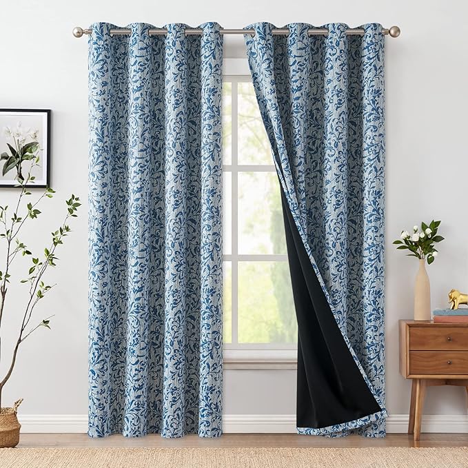 jinchan Blackout Curtains for Bedroom 84 Inches Long Blue Scroll Floral Window Curtains for Living Room Farmhouse Vintage Drapes Thermal Insulated Grommet Window Treatments 2 Panels