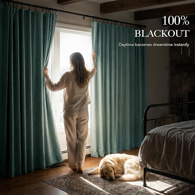 NICETOWN 100% Blackout Seafoam Green Linen Curtains 90" Length with Thermal Insulated Liners, Farmhouse Style Room Cooling Small Window Draperies for Dining Room (2 Panels, 52" W)